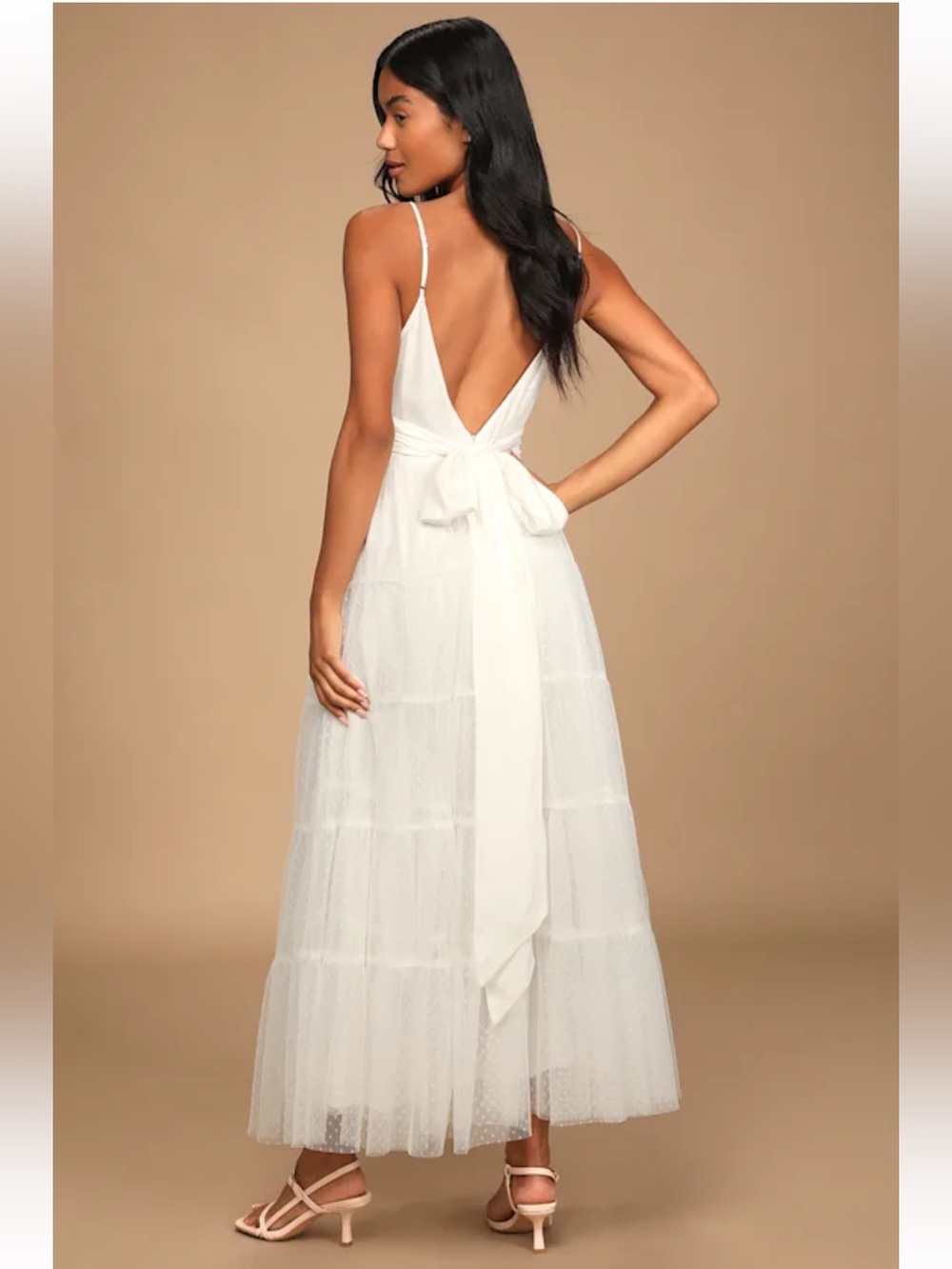 EUC Lulu’s Made to be Magical White Dotted Tie-Back Tiered Midi Dress Medium - Picture 2 of 13